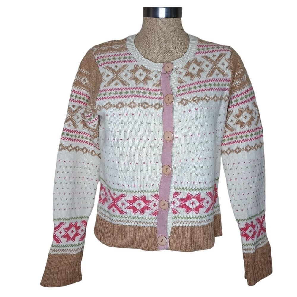 Sundance Nordic Fair Isle Sweater Women’s Sz M Cream Tan Button Front Lambswool